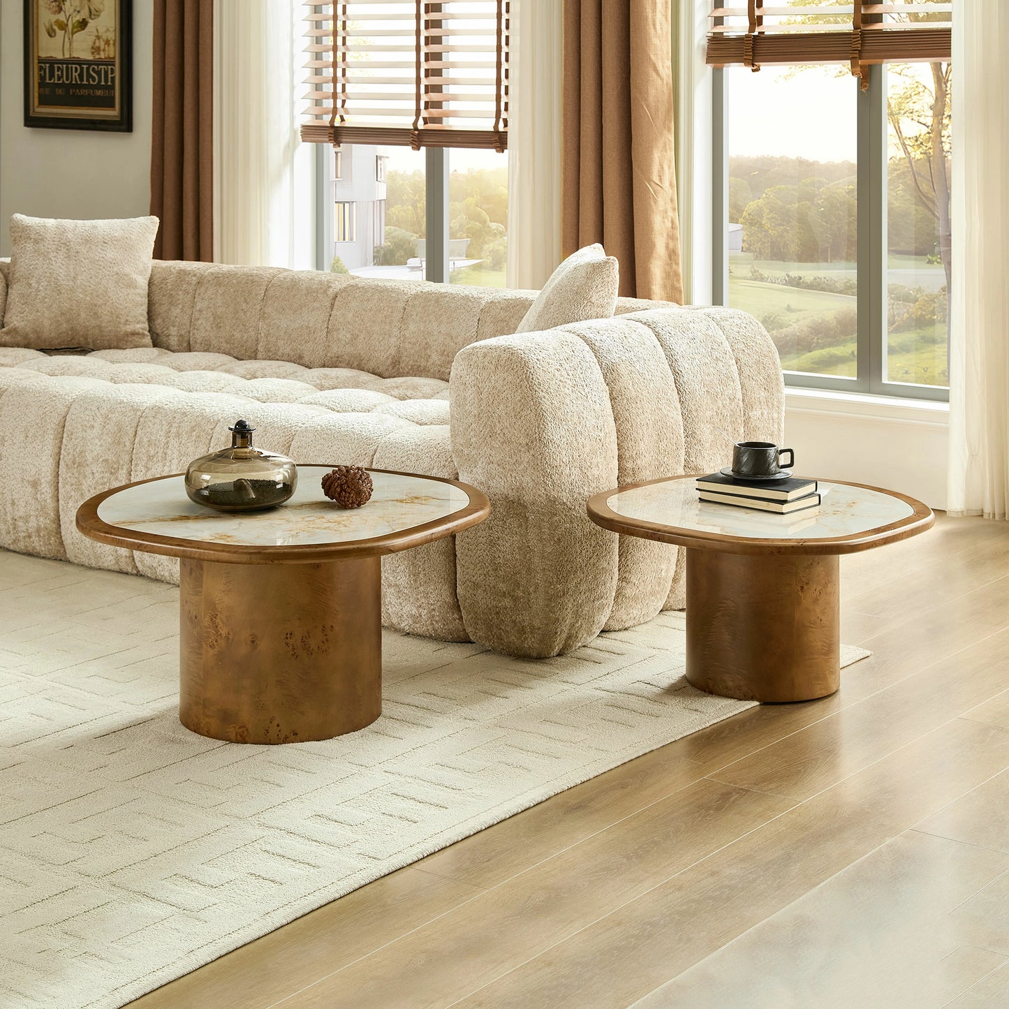 Irregular 2-Piece Coffee Table Set – Burl Veneer & Sintered Stone Top