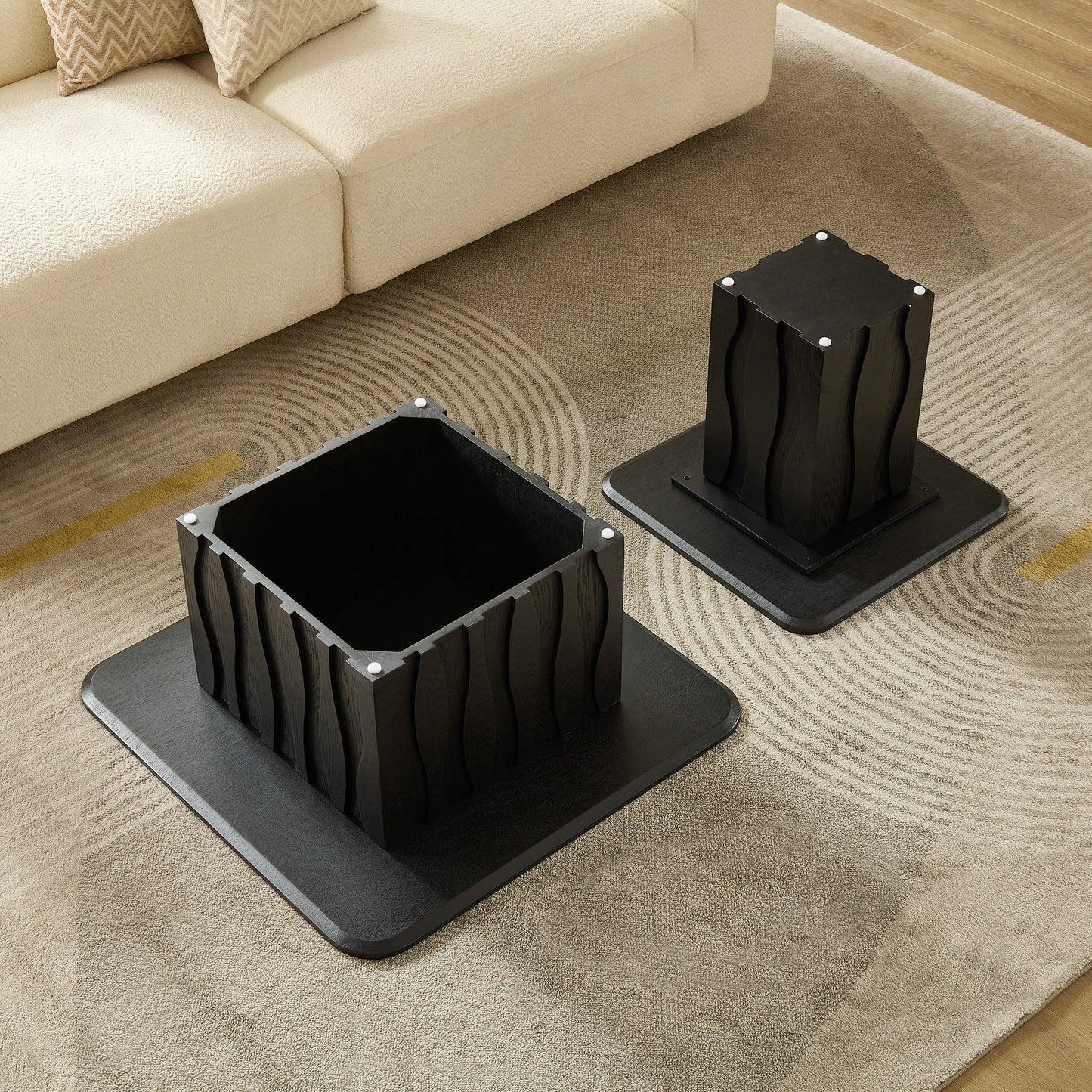 Nesting Square Coffee Table Set – Wavy Fluted Base, Mid-Century 2PCS