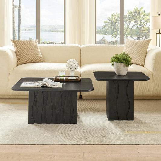 Nesting Square Coffee Table Set – Wavy Fluted Base, Mid-Century 2PCS