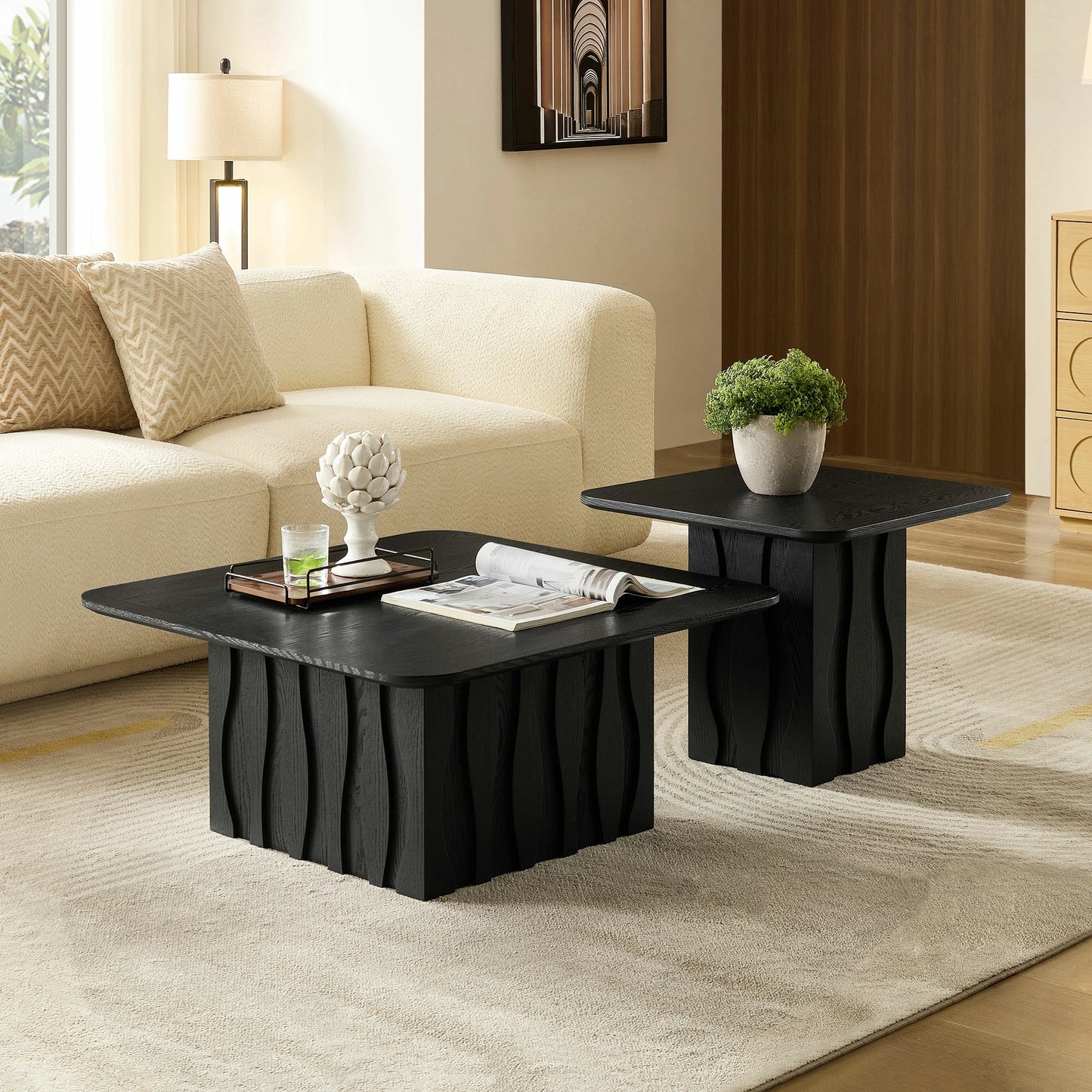 Nesting Square Coffee Table Set – Wavy Fluted Base, Mid-Century 2PCS