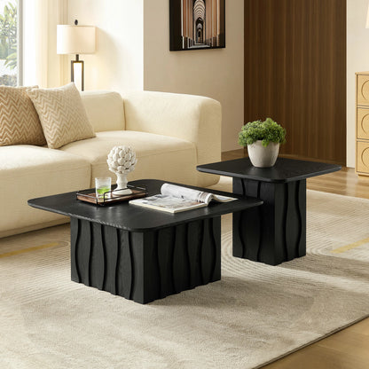 Nesting Square Coffee Table Set – Wavy Fluted Base, Mid-Century 2PCS