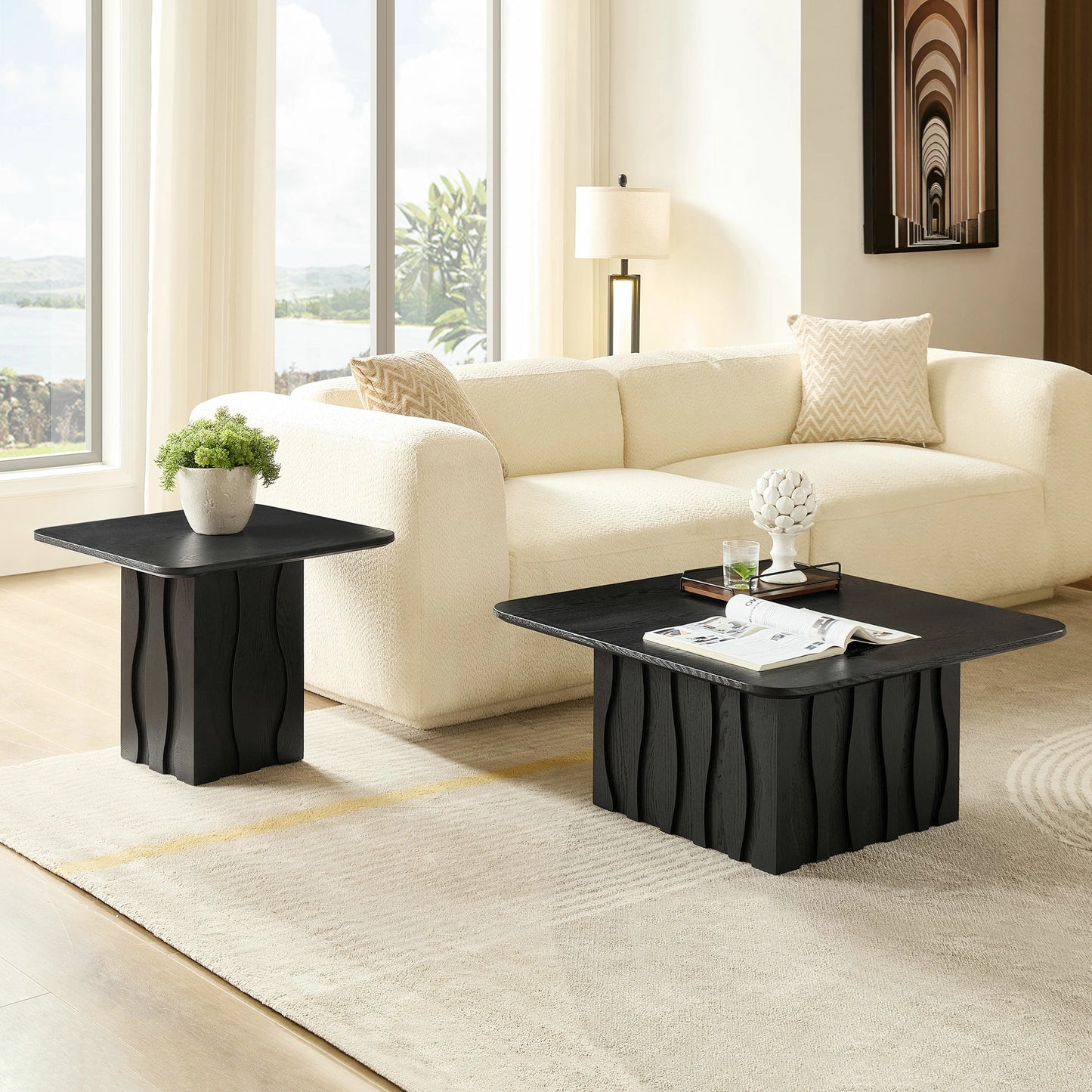 Nesting Square Coffee Table Set – Wavy Fluted Base, Mid-Century 2PCS