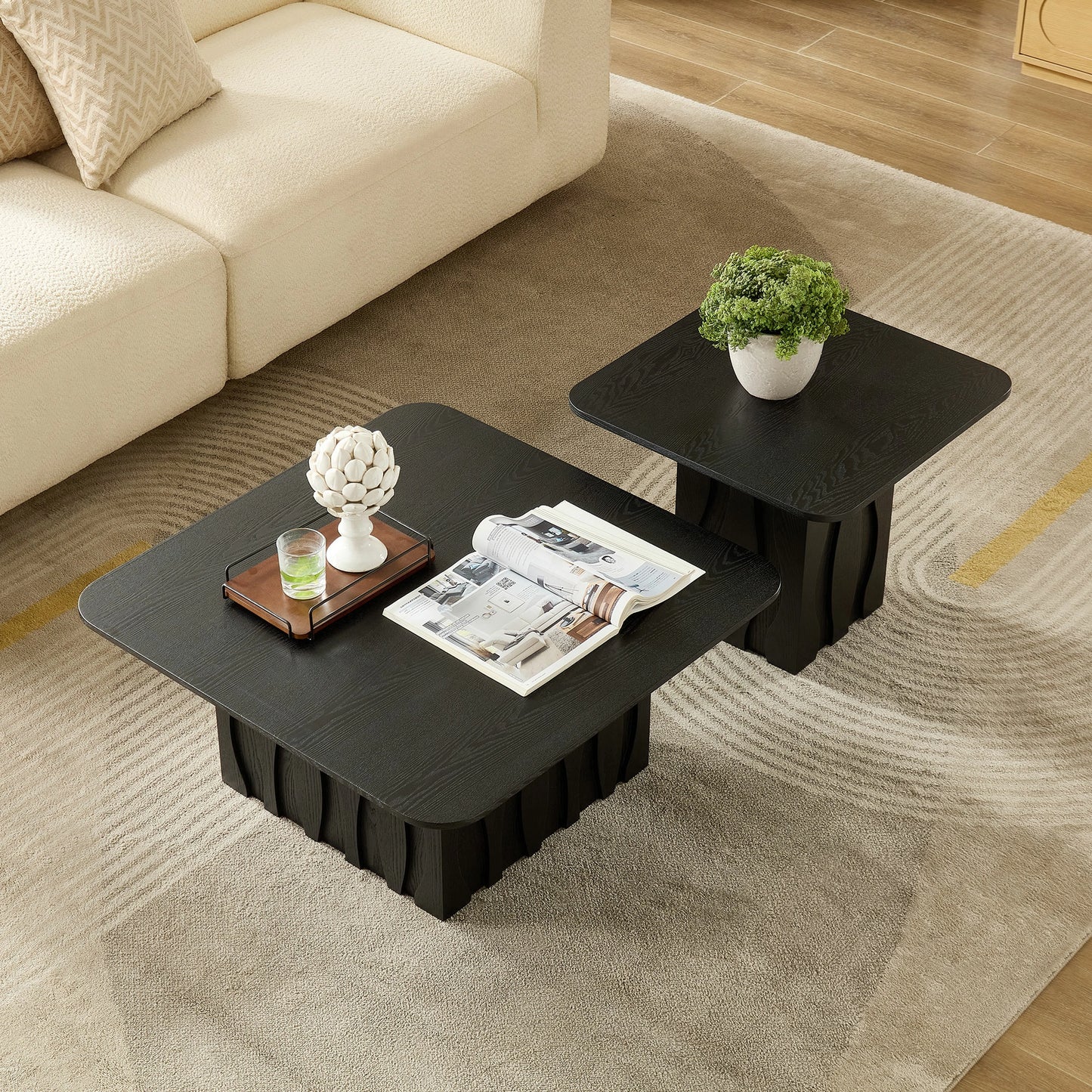 Nesting Square Coffee Table Set – Wavy Fluted Base, Mid-Century 2PCS
