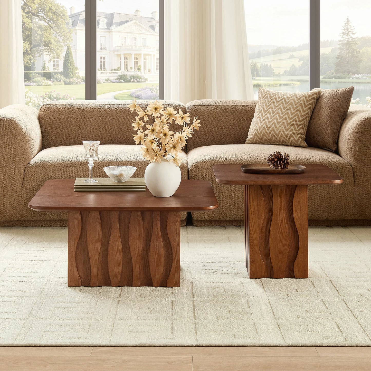 Nesting Square Coffee Table Set – Wavy Fluted Base, Mid-Century 2PCS