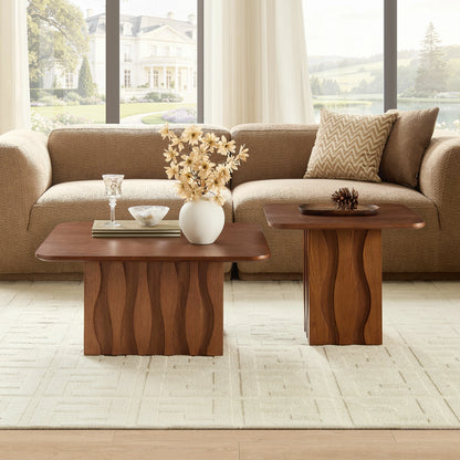 Nesting Square Coffee Table Set – Wavy Fluted Base, Mid-Century 2PCS