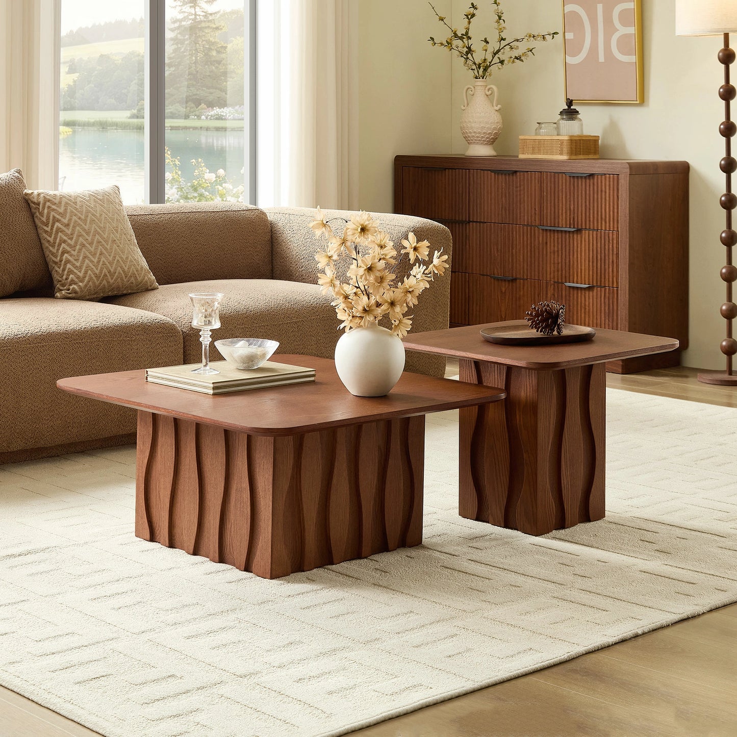Nesting Square Coffee Table Set – Wavy Fluted Base, Mid-Century 2PCS