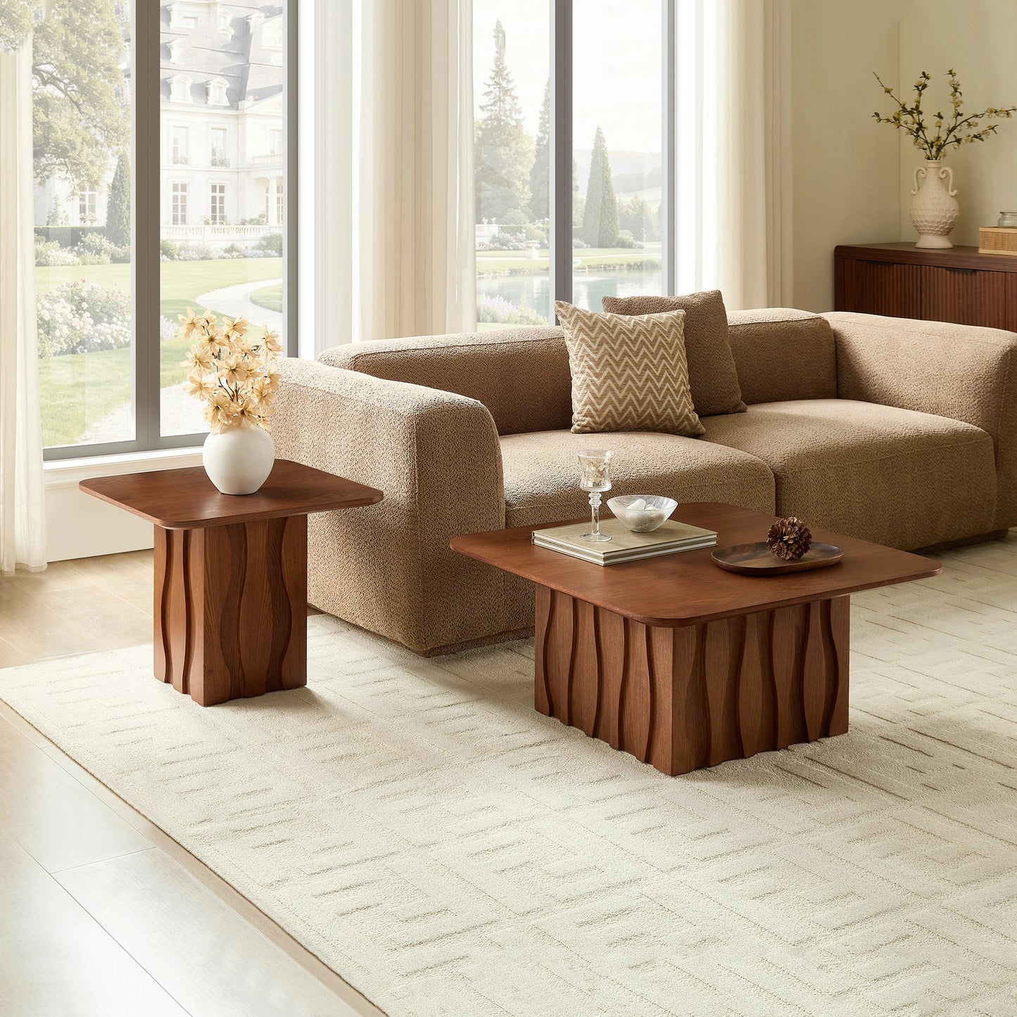 Nesting Square Coffee Table Set – Wavy Fluted Base, Mid-Century 2PCS