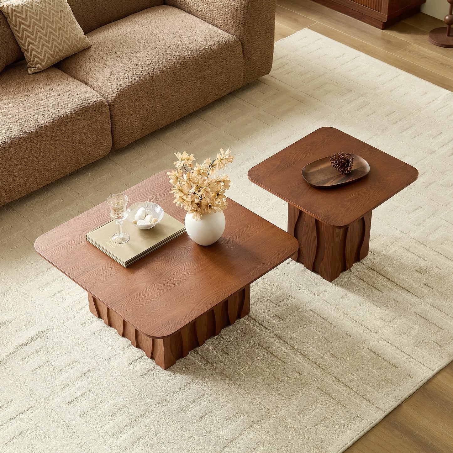 Nesting Square Coffee Table Set – Wavy Fluted Base, Mid-Century 2PCS