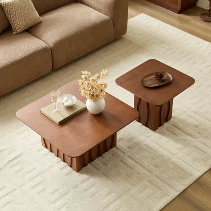 Nesting Square Coffee Table Set – Wavy Fluted Base, Mid-Century 2PCS