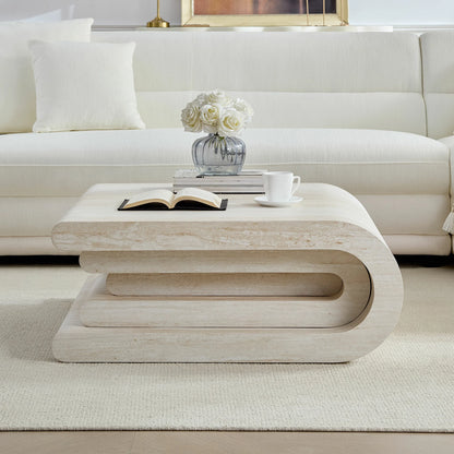 Faux Travertine Square Coffee Table - Layered Base, No Assembly