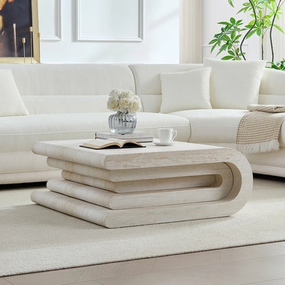 Faux Travertine Square Coffee Table - Layered Base, No Assembly