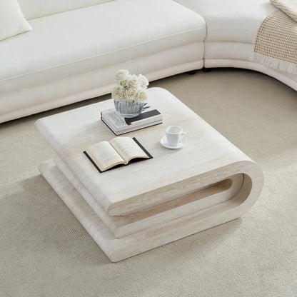 Faux Travertine Square Coffee Table - Layered Base, No Assembly
