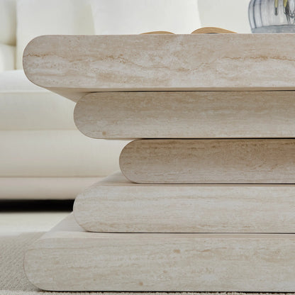 Faux Travertine Square Coffee Table - Layered Base, No Assembly