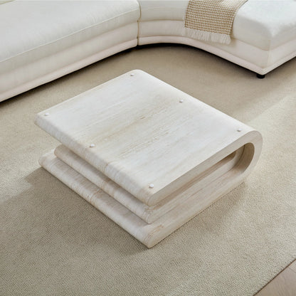 Faux Travertine Square Coffee Table - Layered Base, No Assembly