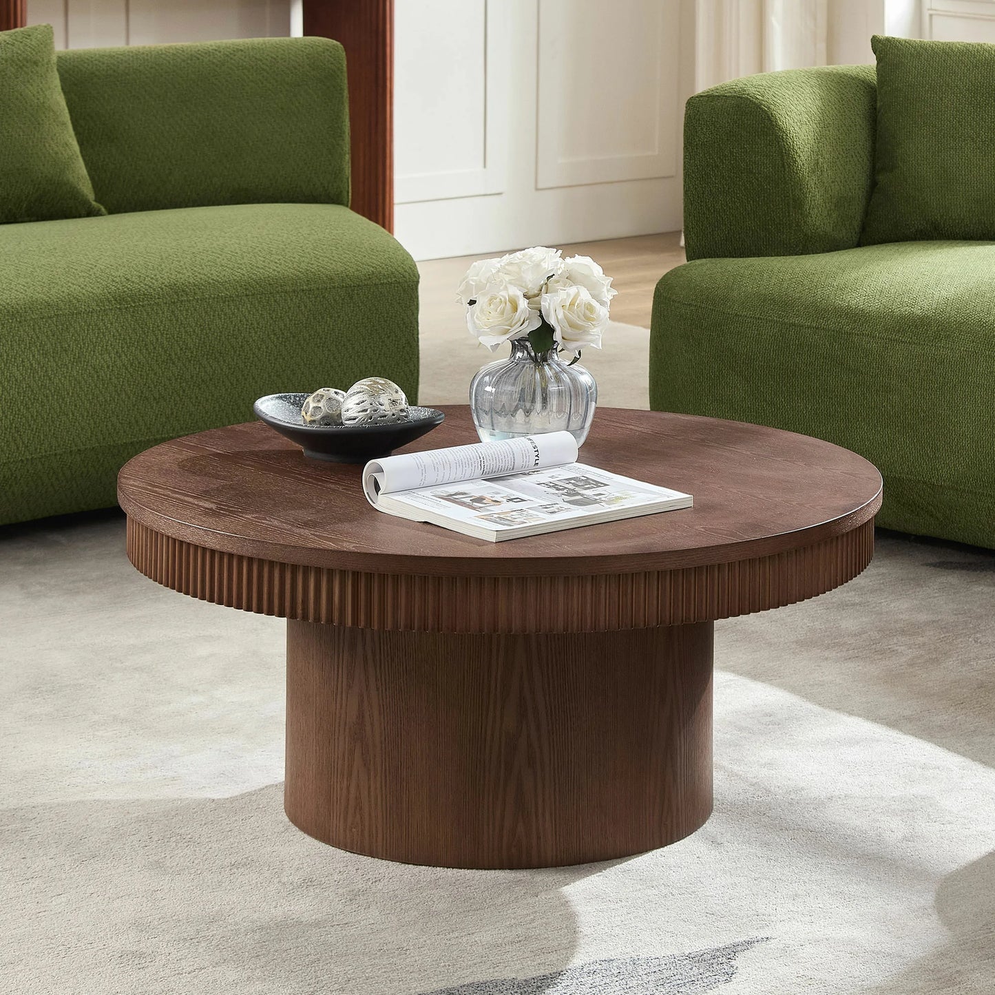 35.43" Round Coffee Table with Ribbed Wave Trim & Walnut Veneer