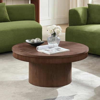 35.43" Round Coffee Table with Ribbed Wave Trim & Walnut Veneer