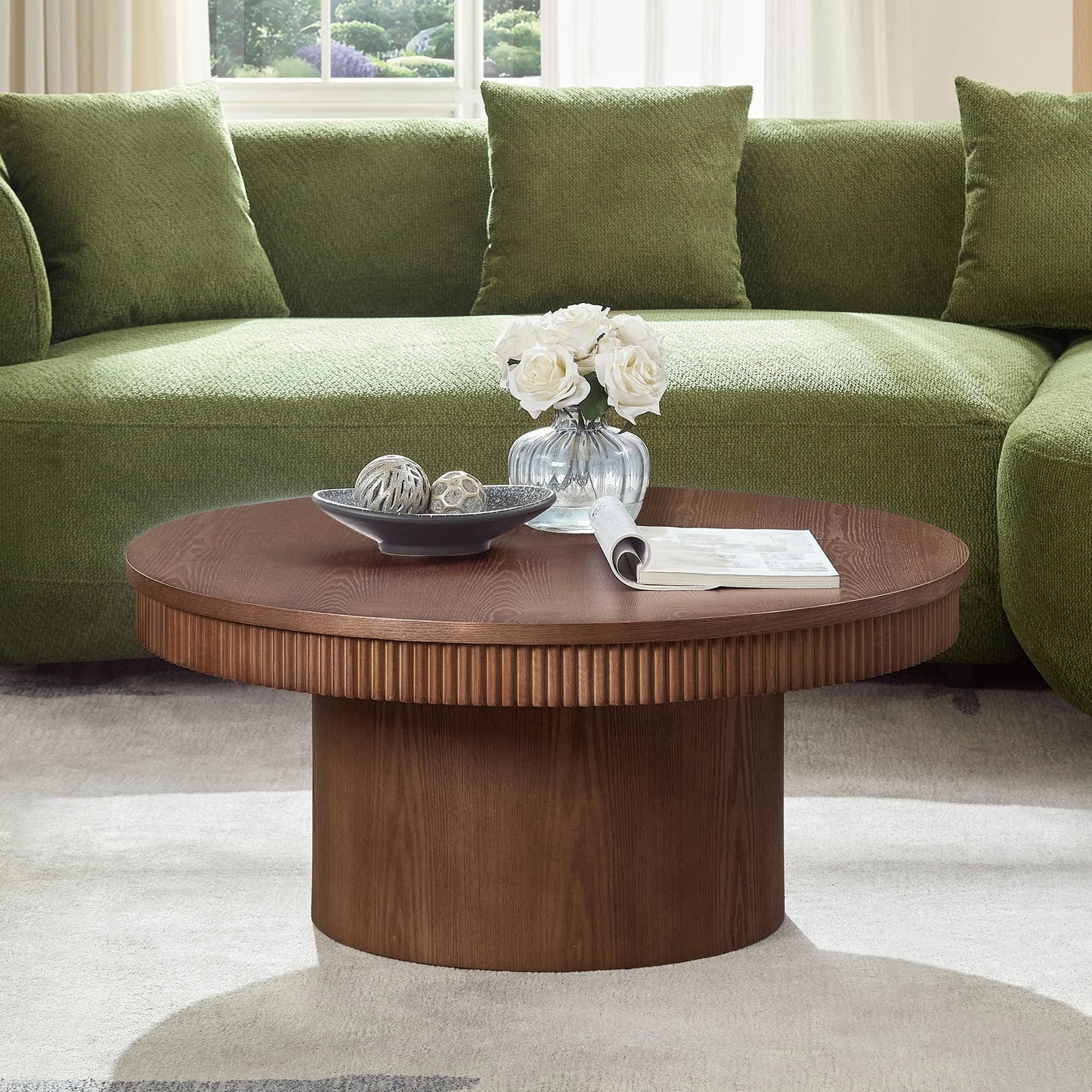 35.43" Round Coffee Table with Ribbed Wave Trim & Walnut Veneer