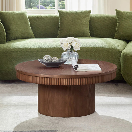 35.43" Round Coffee Table with Ribbed Wave Trim & Walnut Veneer
