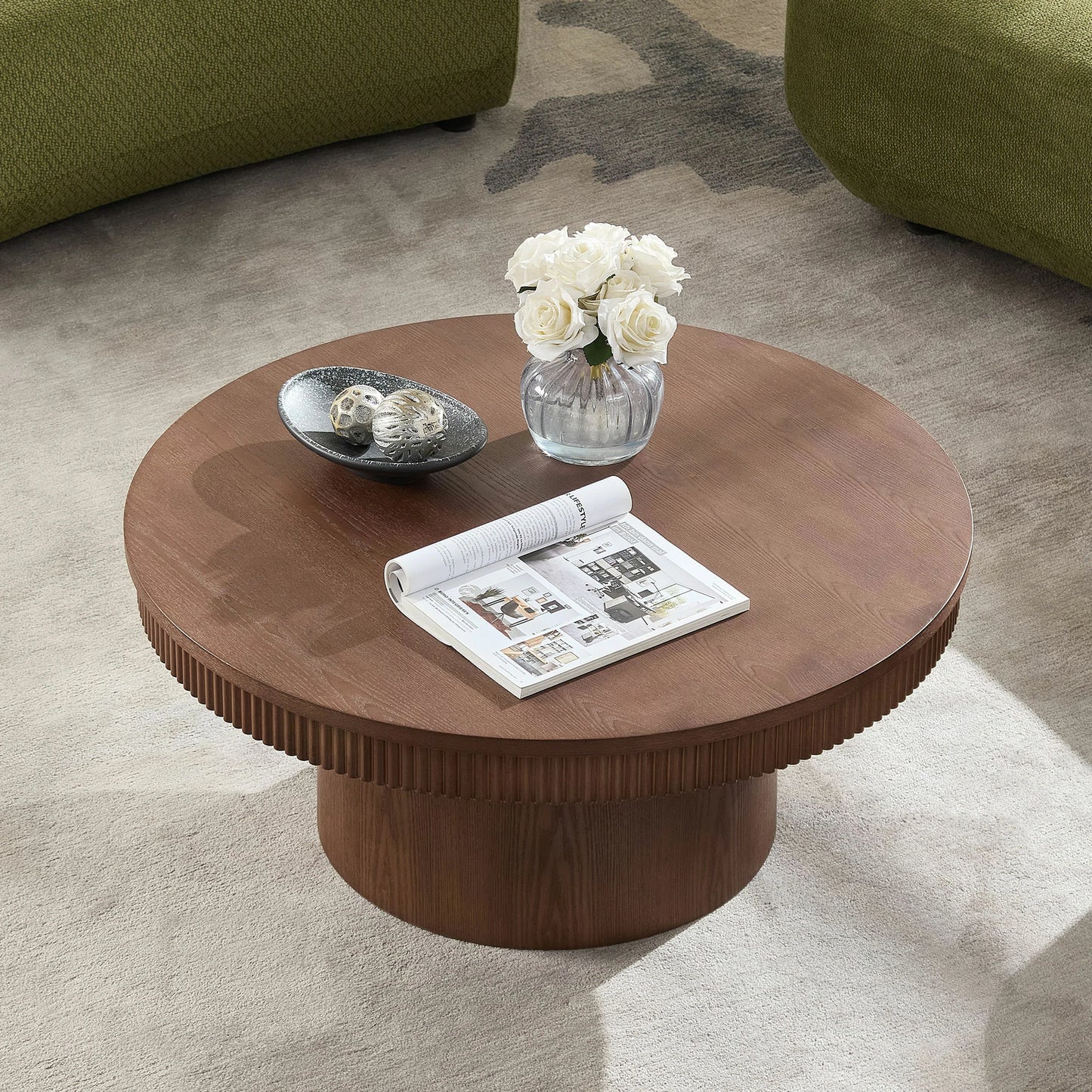 35.43" Round Coffee Table with Ribbed Wave Trim & Walnut Veneer