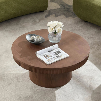 35.43" Round Coffee Table with Ribbed Wave Trim & Walnut Veneer