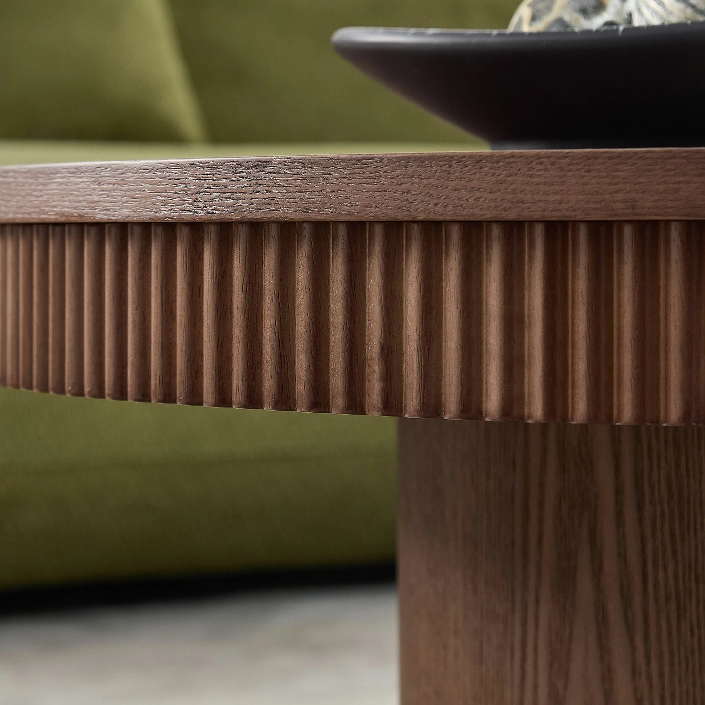 35.43" Round Coffee Table with Ribbed Wave Trim & Walnut Veneer