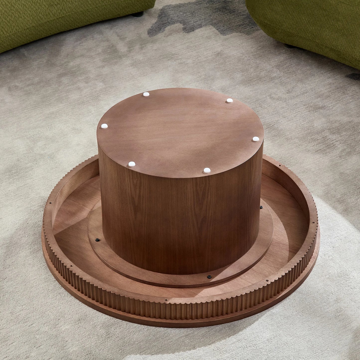 35.43" Round Coffee Table with Ribbed Wave Trim & Walnut Veneer