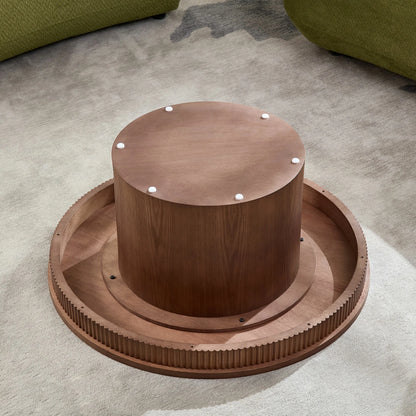35.43" Round Coffee Table with Ribbed Wave Trim & Walnut Veneer