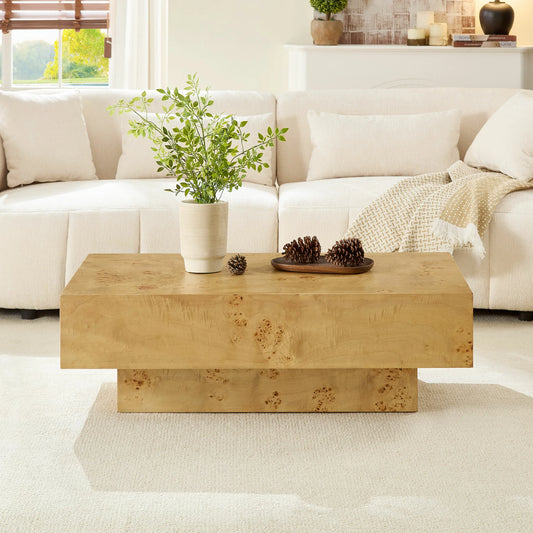 Burl Wood Veneer Coffee Table with MDF Pedestal - Mid-Century Modern