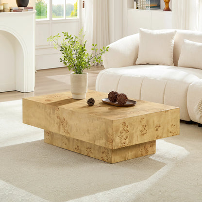 Burl Wood Veneer Coffee Table with MDF Pedestal - Mid-Century Modern