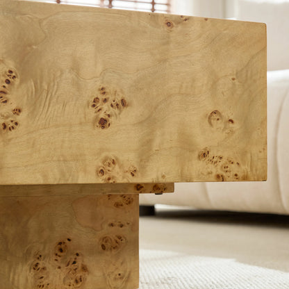 Burl Wood Veneer Coffee Table with MDF Pedestal - Mid-Century Modern