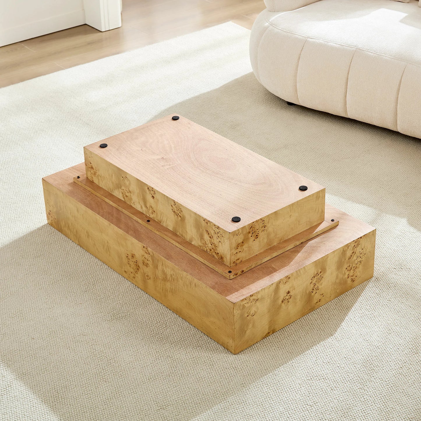 Burl Wood Veneer Coffee Table with MDF Pedestal - Mid-Century Modern