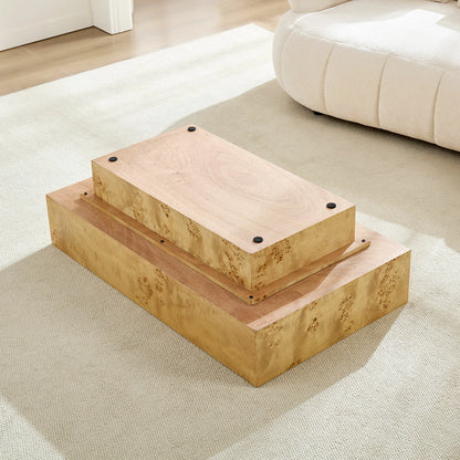 Burl Wood Veneer Coffee Table with MDF Pedestal - Mid-Century Modern