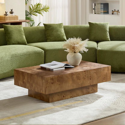 Burl Wood Veneer Coffee Table with MDF Pedestal - Mid-Century Modern