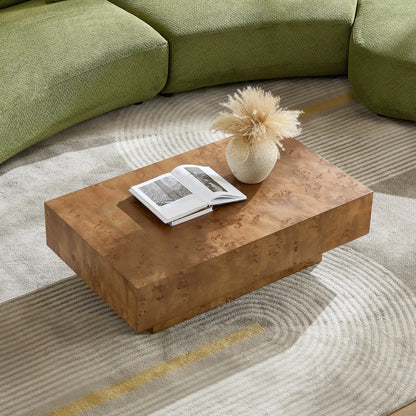 Burl Wood Veneer Coffee Table with MDF Pedestal - Mid-Century Modern
