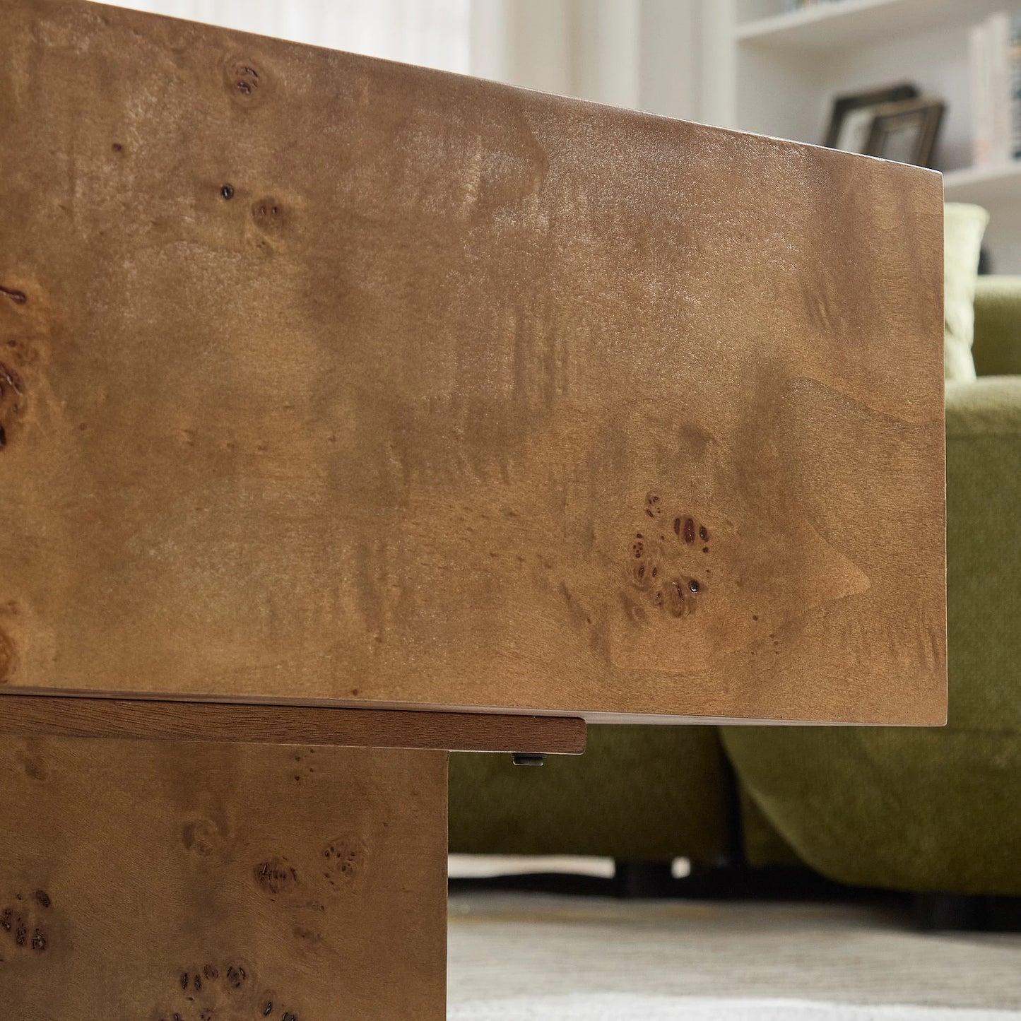 Burl Wood Veneer Coffee Table with MDF Pedestal - Mid-Century Modern