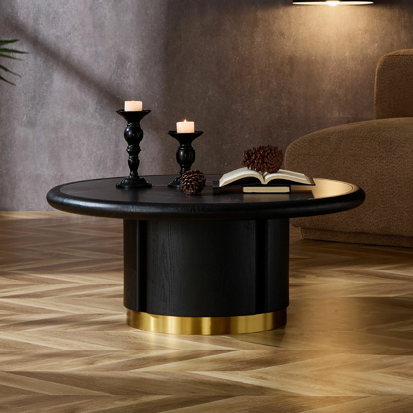 35.43" Round Coffee Table – Sintered Stone Top, Steel Base