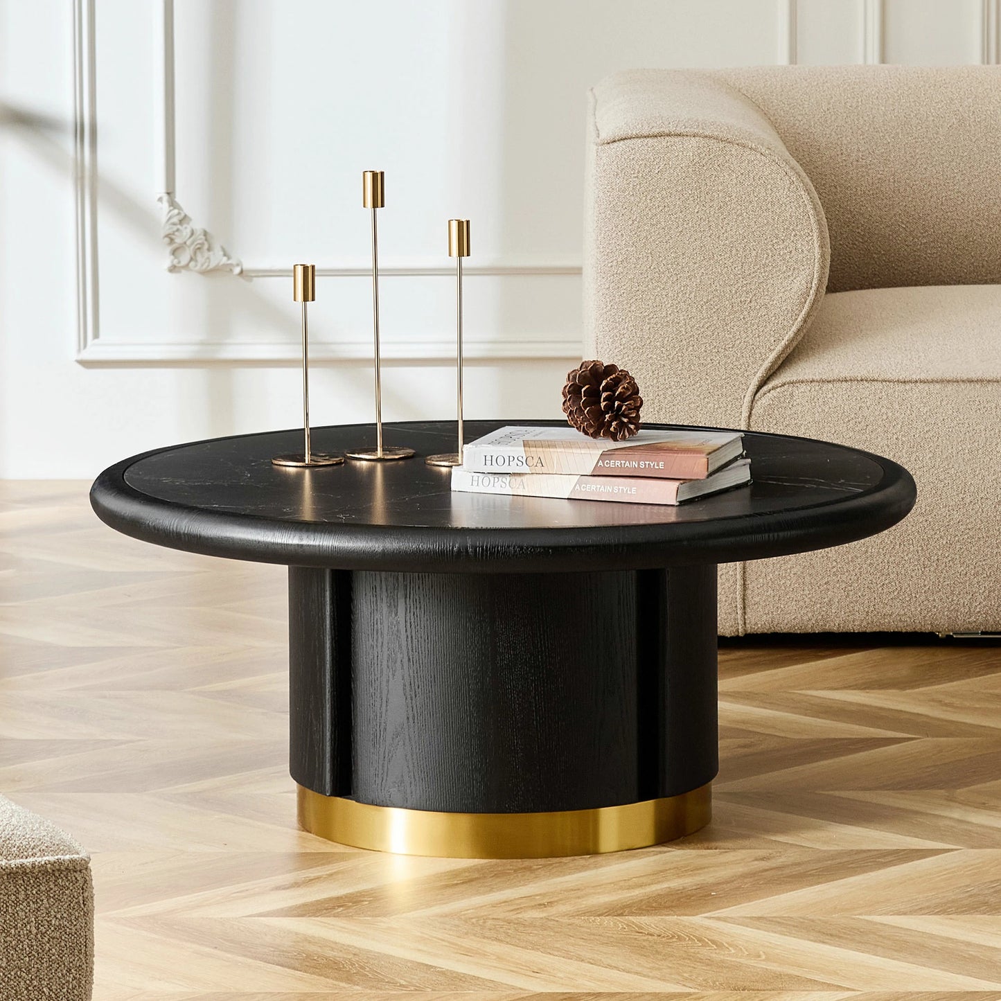 35.43" Round Coffee Table – Sintered Stone Top, Steel Base