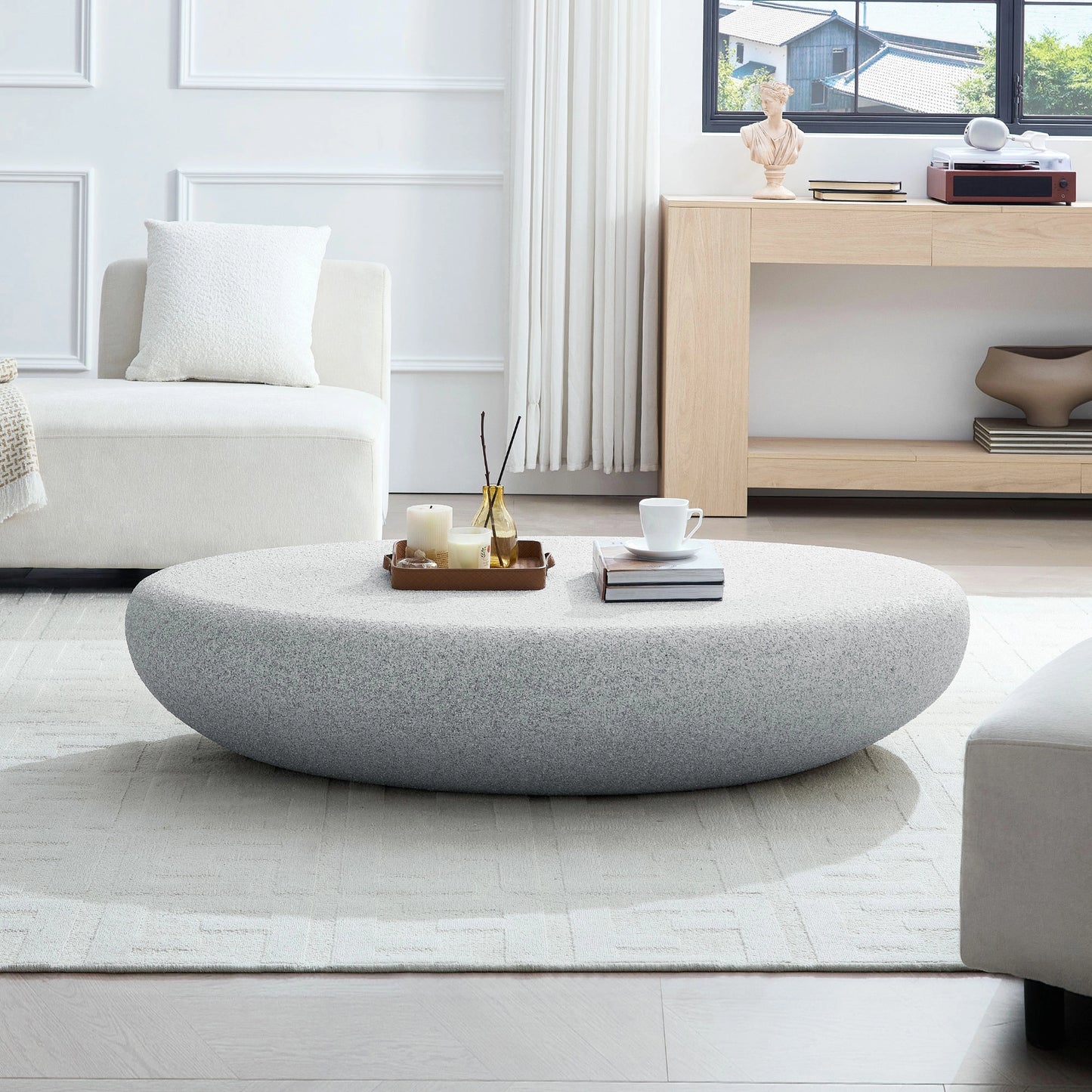 Pebble Coffee Table: 55" Vintage Elliptical Fiberglass Sofa Table