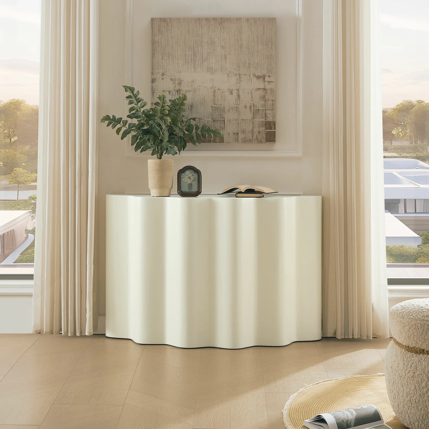 Modern Wavy Edge Fiberglass Set - Side & Console Table, No Assembly