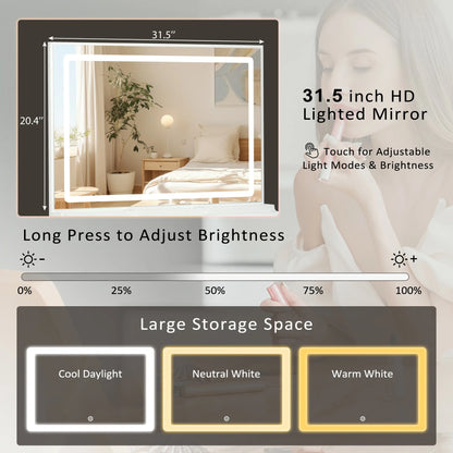 59" Lighted Mirror Vanity Desk with Drawers & Cabinets - White