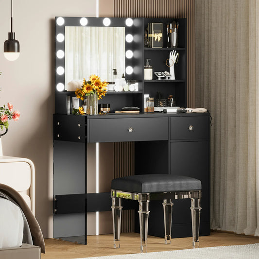 35.40“ Vanity Desk with LED Mirror & 3 Light Modes