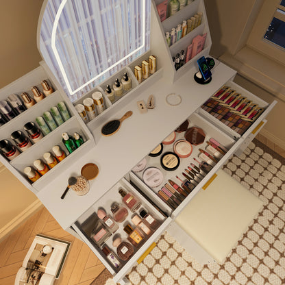 47.2" Makeup Vanity Set with LED Mirror, Storage Stool & Drawers - White