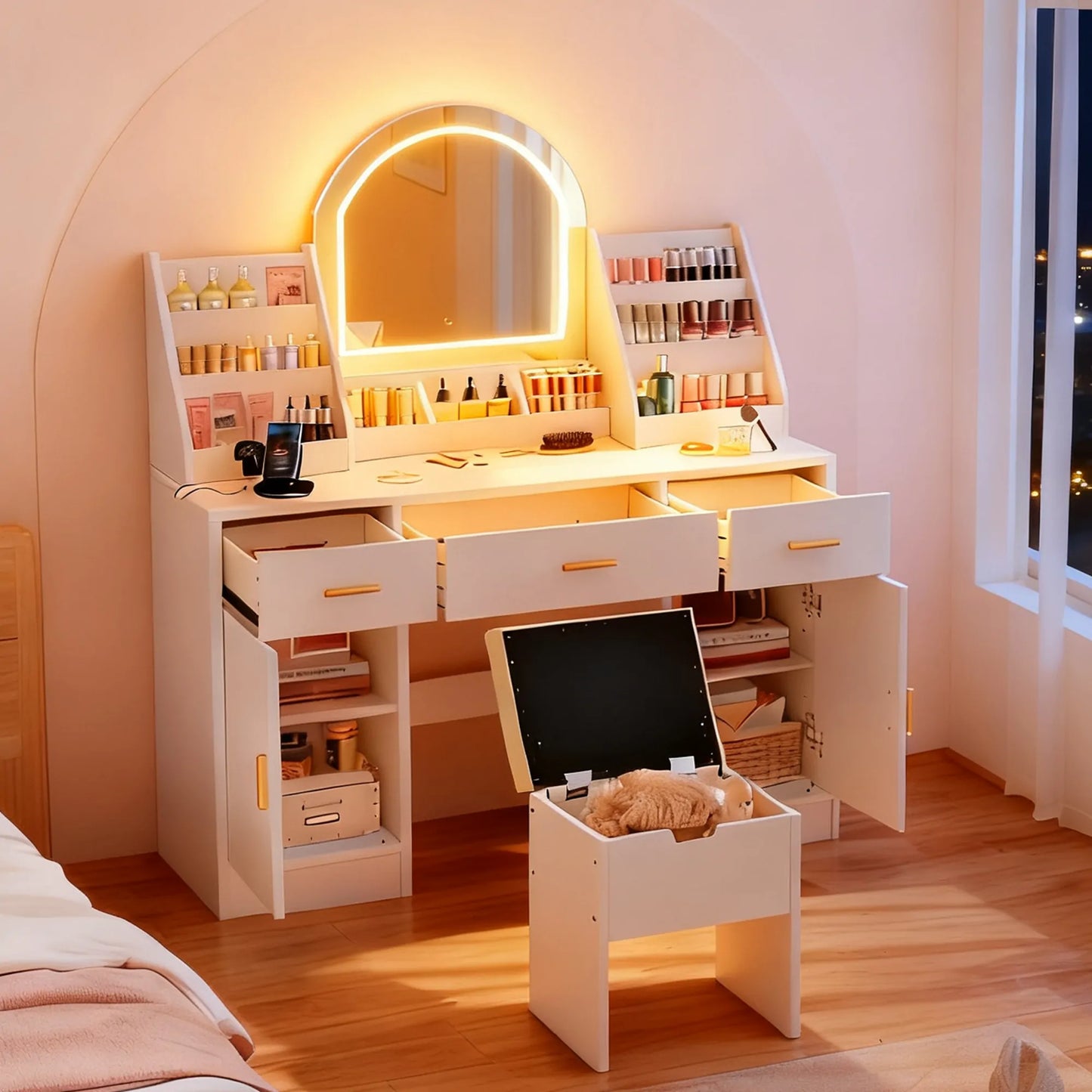 47.2" Makeup Vanity Set with LED Mirror, Storage Stool & Drawers - White