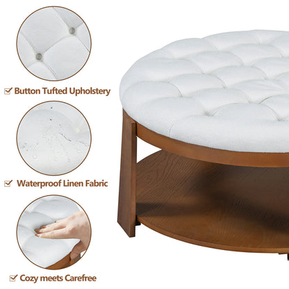 Modern Large Round Ottoman Coffee Table 2-Tier Oversized Button Tufted Ottoman