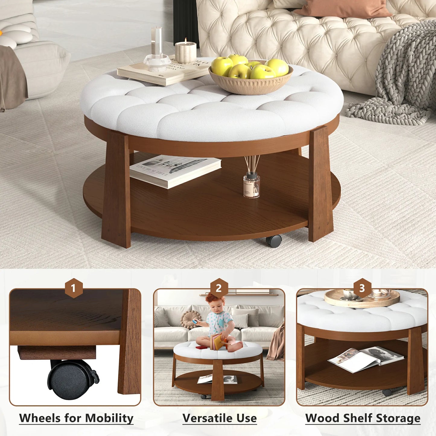 Modern Large Round Ottoman Coffee Table 2-Tier Oversized Button Tufted Ottoman