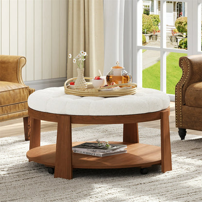 Modern Large Round Ottoman Coffee Table 2-Tier Oversized Button Tufted Ottoman