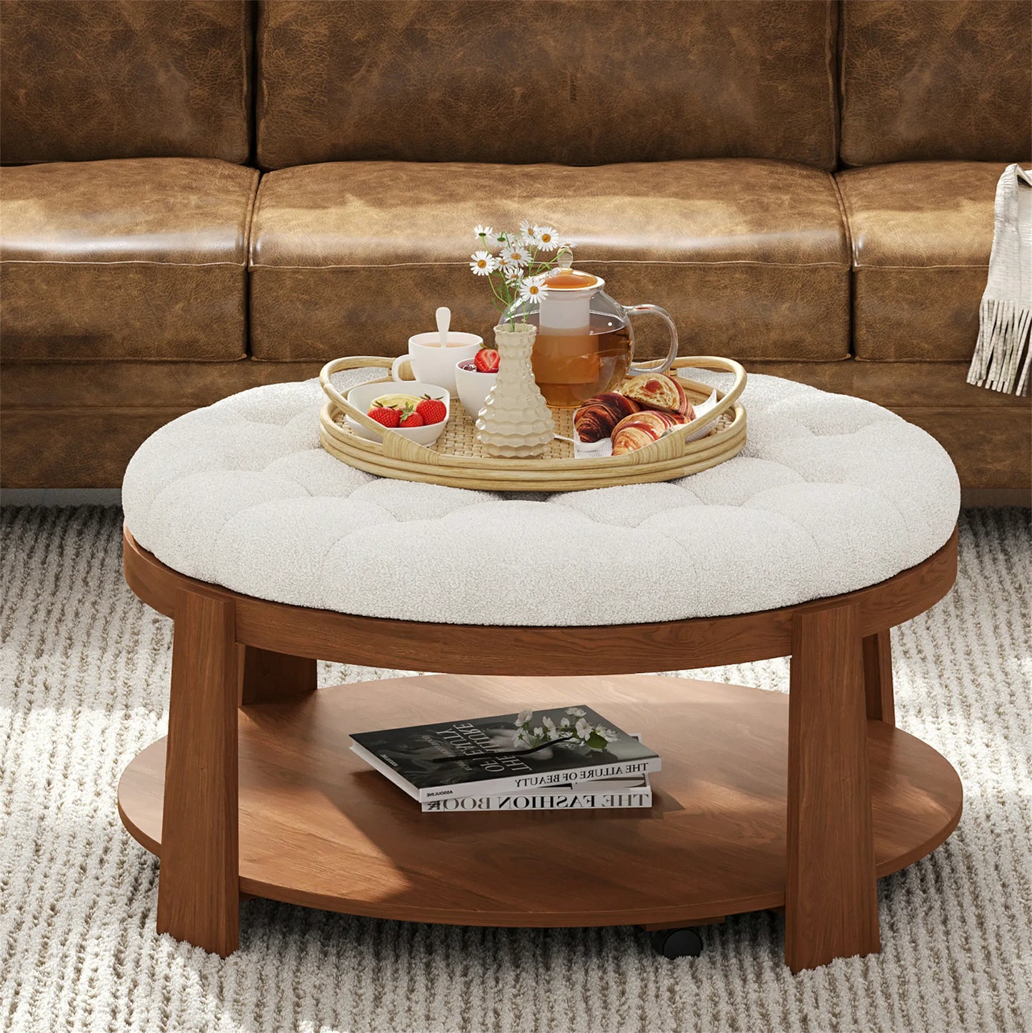 Modern Large Round Ottoman Coffee Table 2-Tier Oversized Button Tufted Ottoman