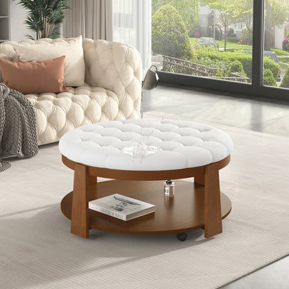 Modern Large Round Ottoman Coffee Table 2-Tier Oversized Button Tufted Ottoman
