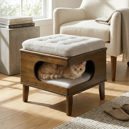 Rubber Wood Cat Bed Ottoman – 2-in-1 Tufted Pet Cave & Footstool