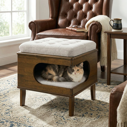 Rubber Wood Cat Bed Ottoman – 2-in-1 Tufted Pet Cave & Footstool
